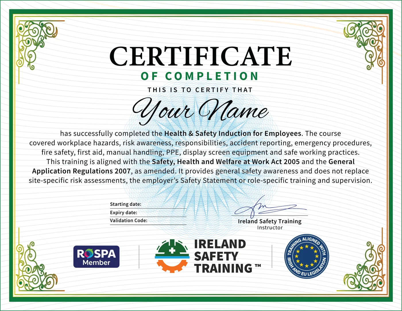 Health and Safety certificate from Ireland Safety Training: accredited Health & Safety Induction for Employees online with instant download