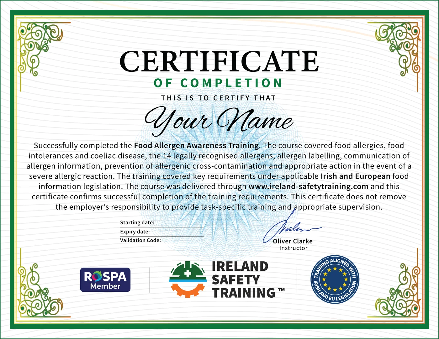 Food Allergen Awareness certificate from Ireland Safety Training: accredited Food Allergen Awareness Course online with instant download