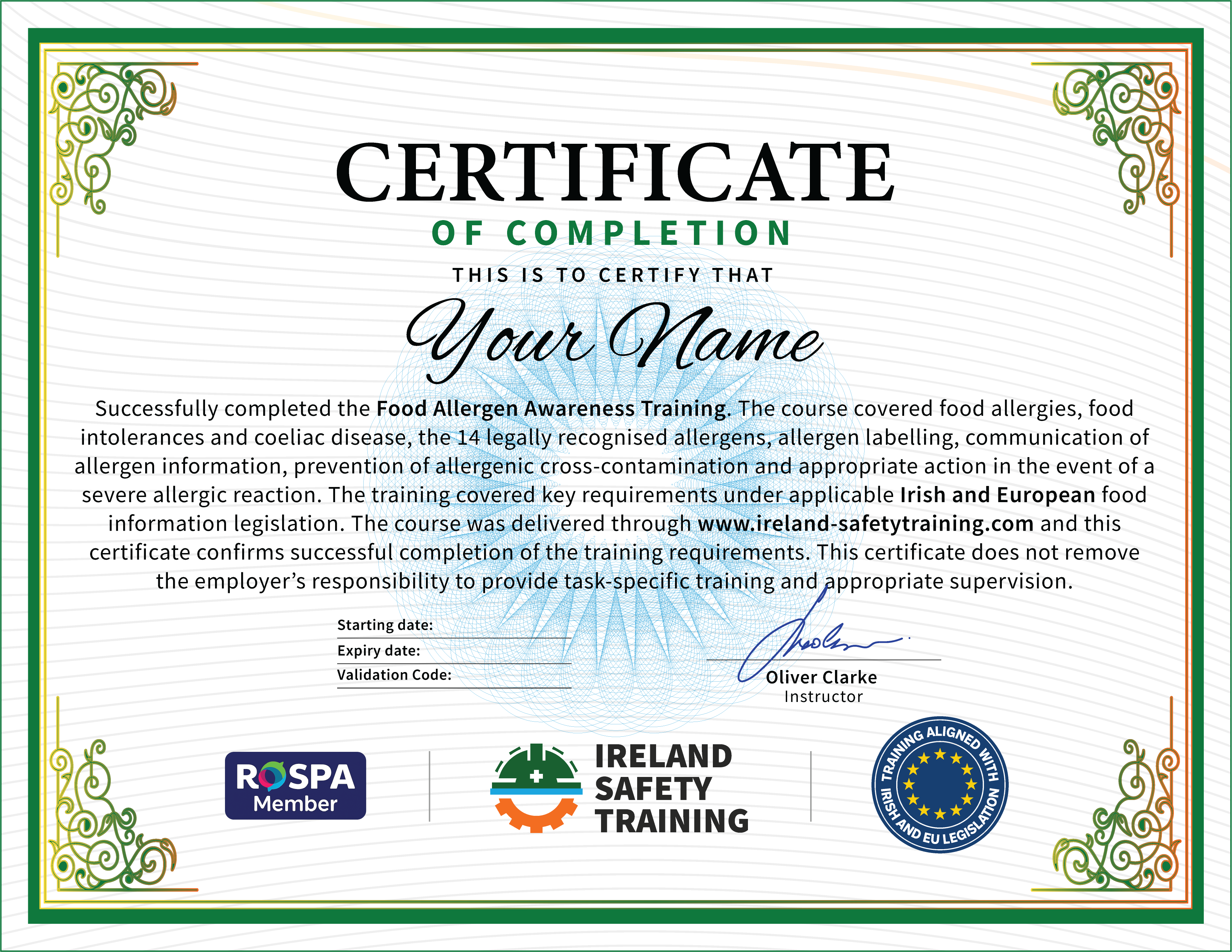 Food Allergen Awareness Certificate Example, CPD Accredited, FSAI Aligned, Ireland Safety Training