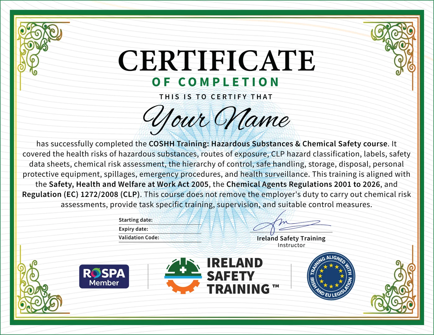 COSHH certificate from Ireland Safety Training: accredited COSHH Training Course online with instant download