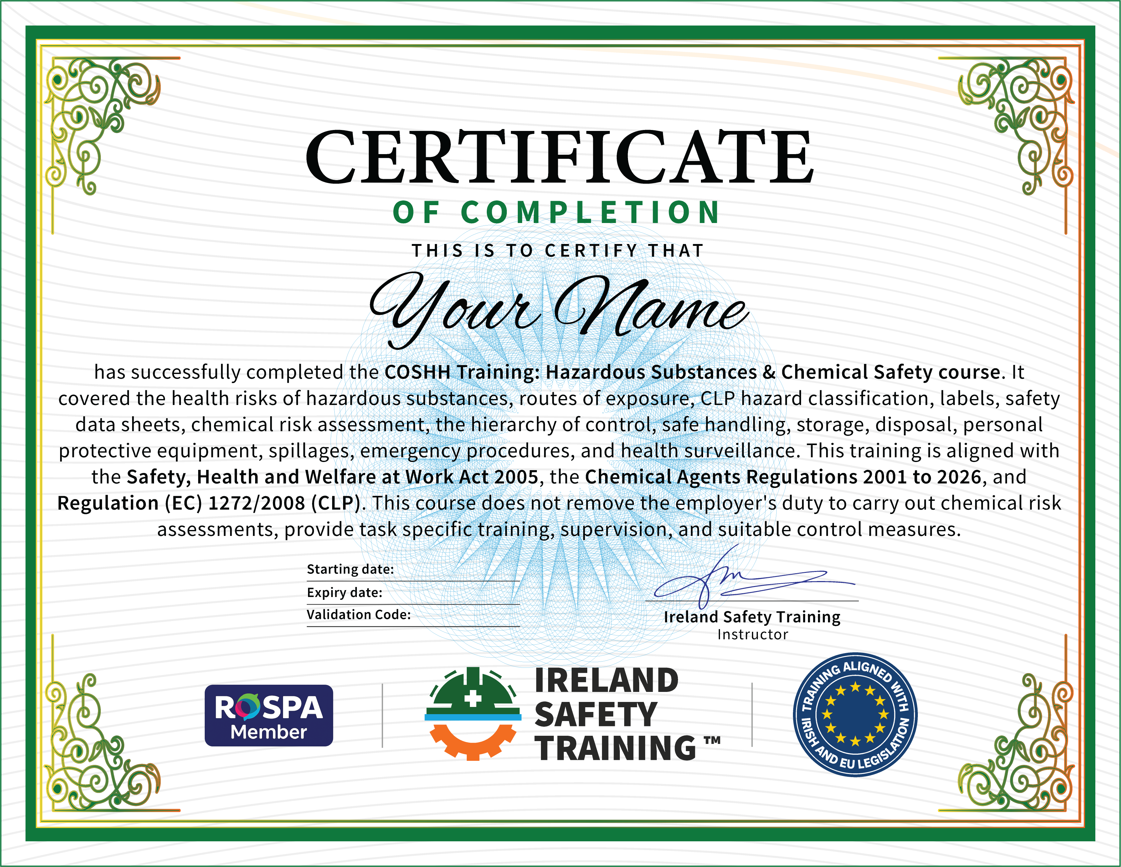 COSHH certificate from Ireland Safety Training: accredited COSHH Training Course online with instant download