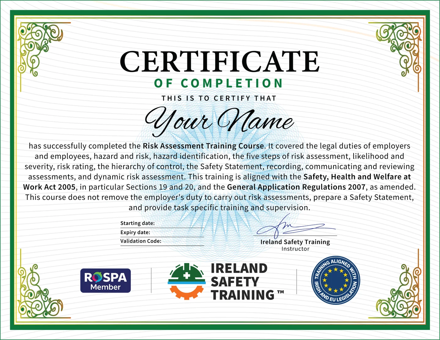Risk Assessment certificate from Ireland Safety Training: accredited Risk Assessment Course online with instant download