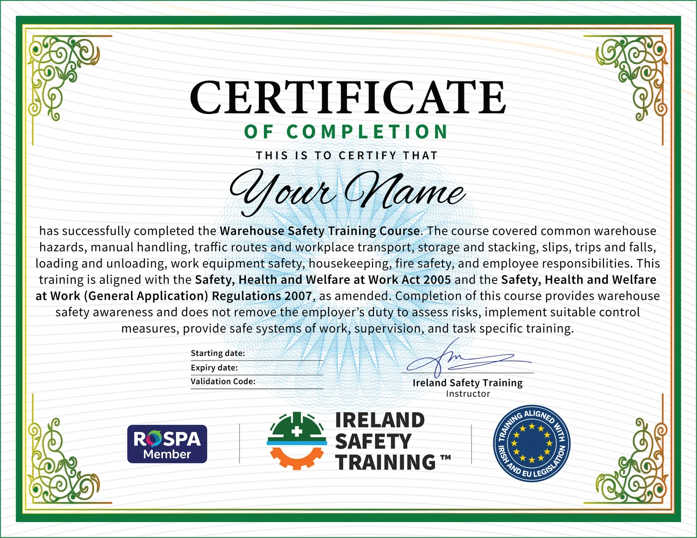 Warehouse Safety certificate from Ireland Safety Training: accredited Warehouse Safety Course online with instant download