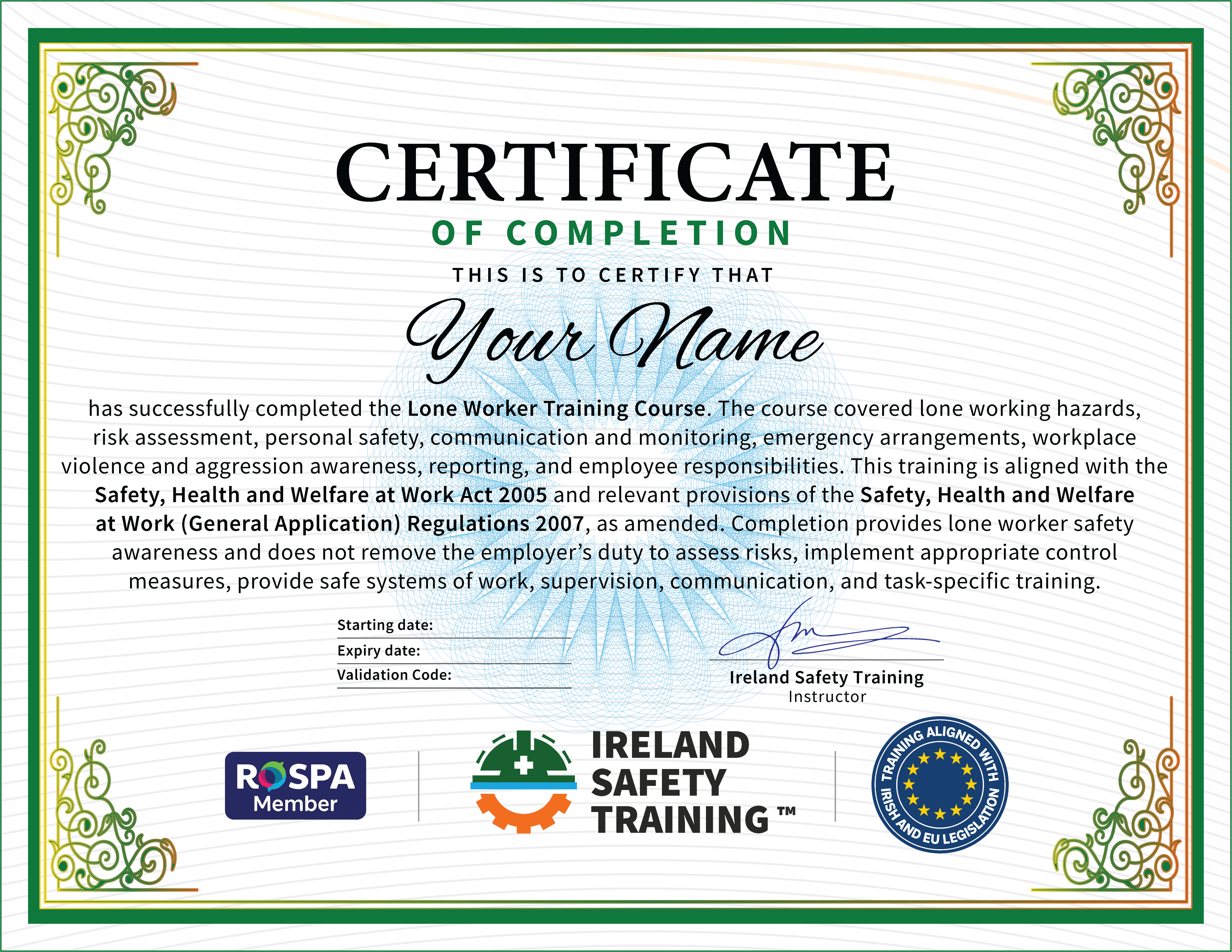Lone Worker certificate from Ireland Safety Training: accredited Lone Worker Training Course online with instant download