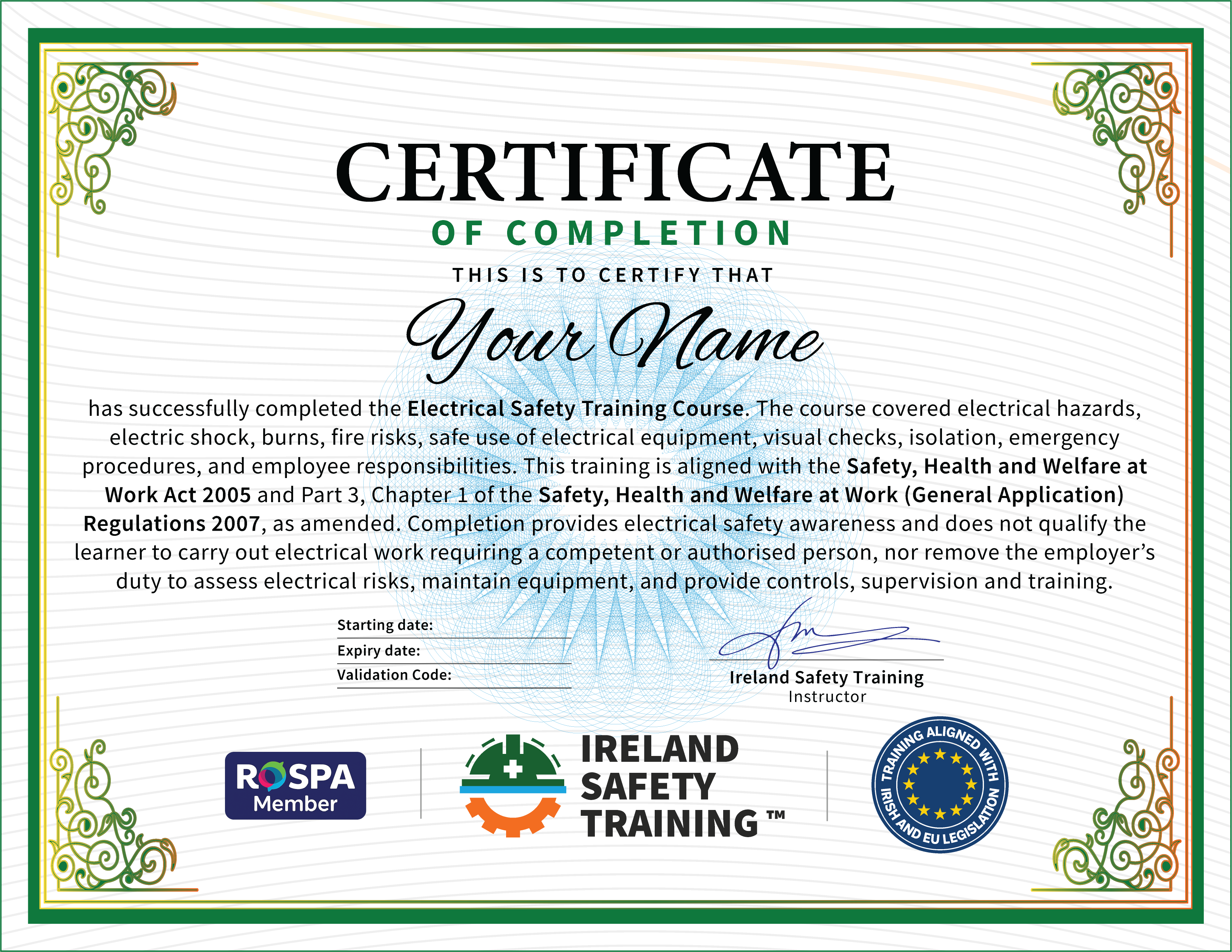 Electrical Safety certificate from Ireland Safety Training: accredited Electrical Safety Training Course online with instant download