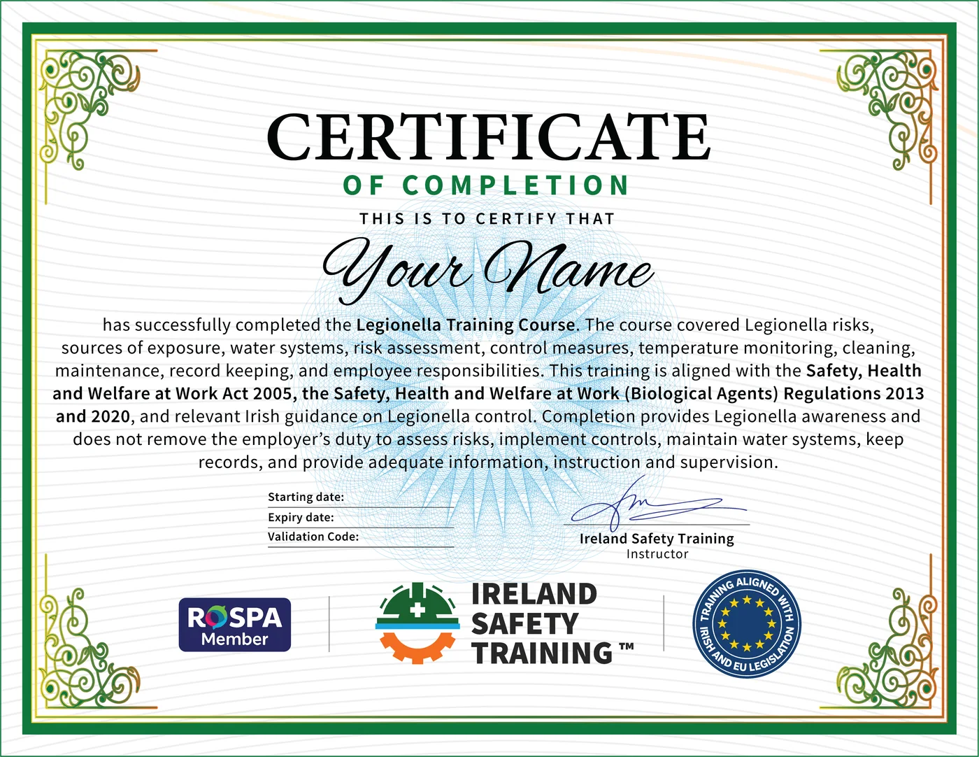 Legionella Training certificate from Ireland Safety Training: accredited Legionella Training Course online with instant download