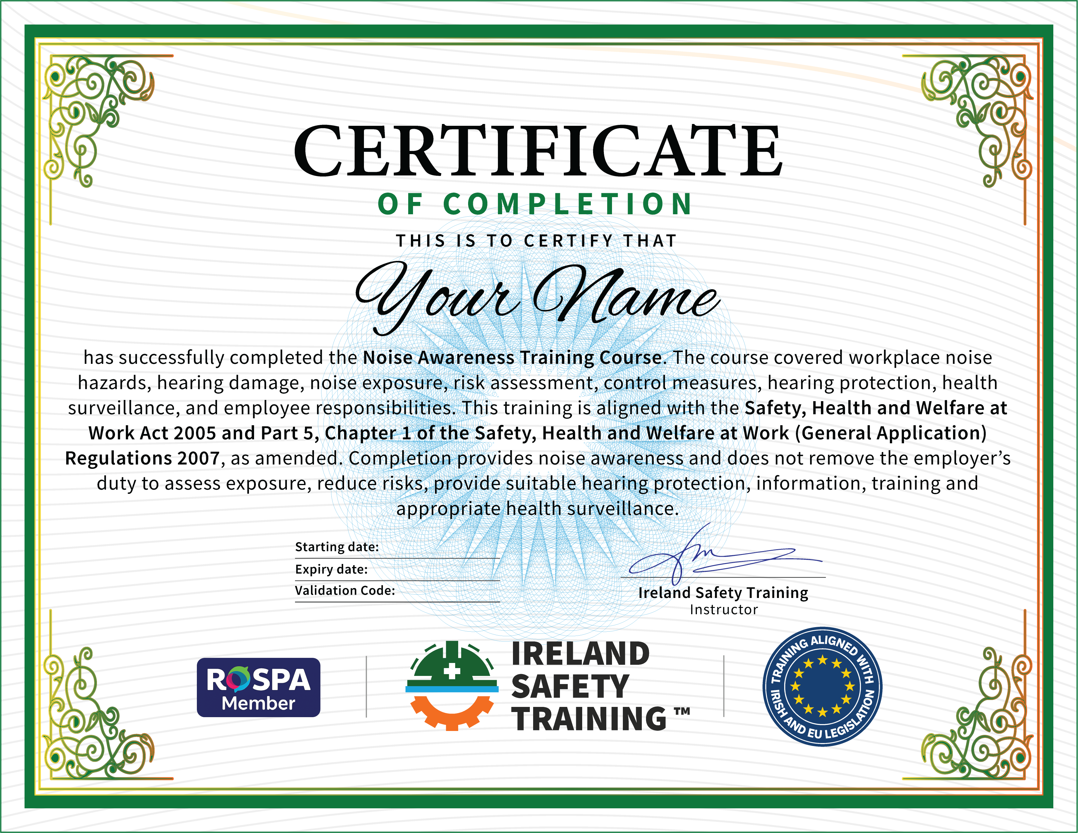 Noise Awareness Training certificate from Ireland Safety Training: accredited Noise Awareness Training Course online with instant download