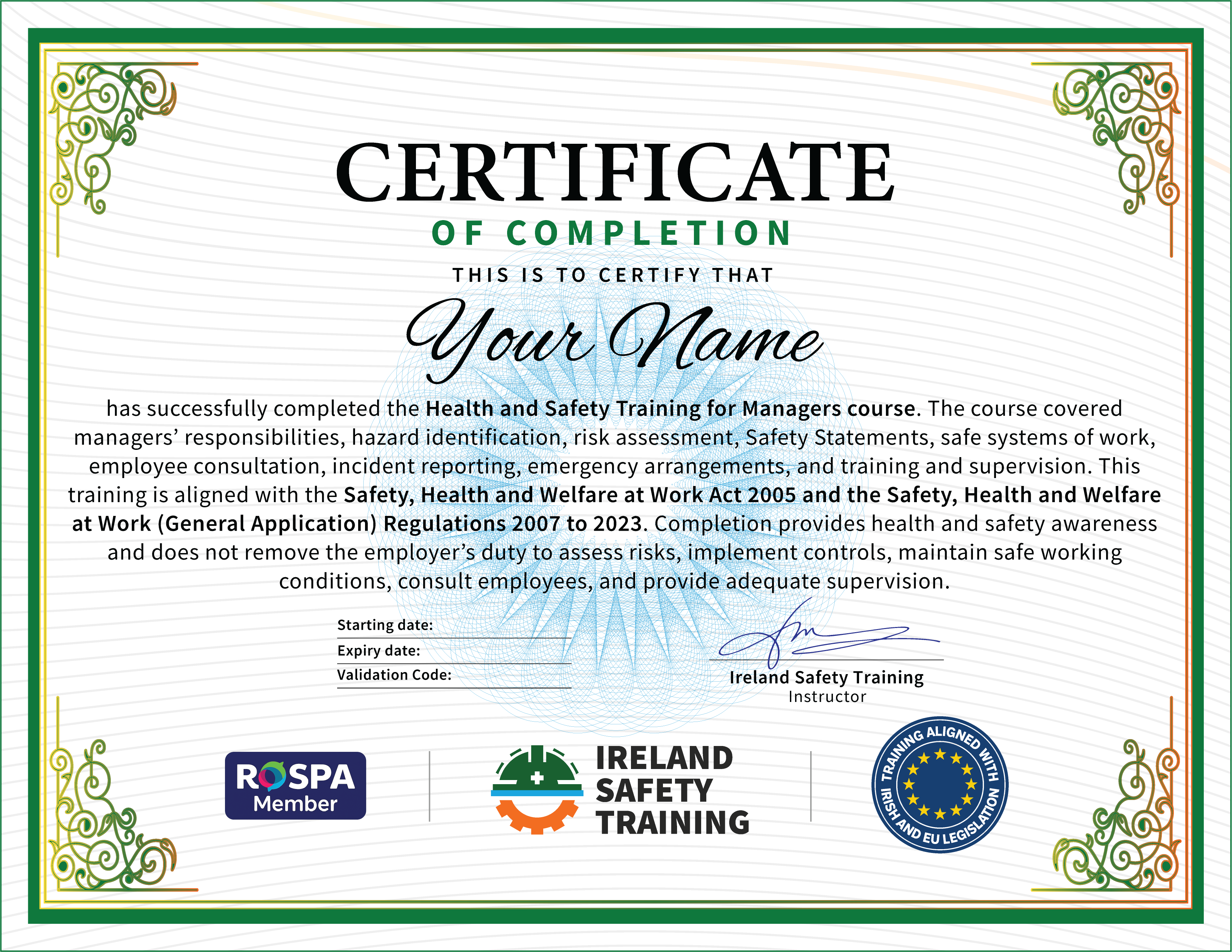 Health and Safety Training for Managers Certificate Example, CPD Accredited, RoSPA Approved, Ireland Safety Training