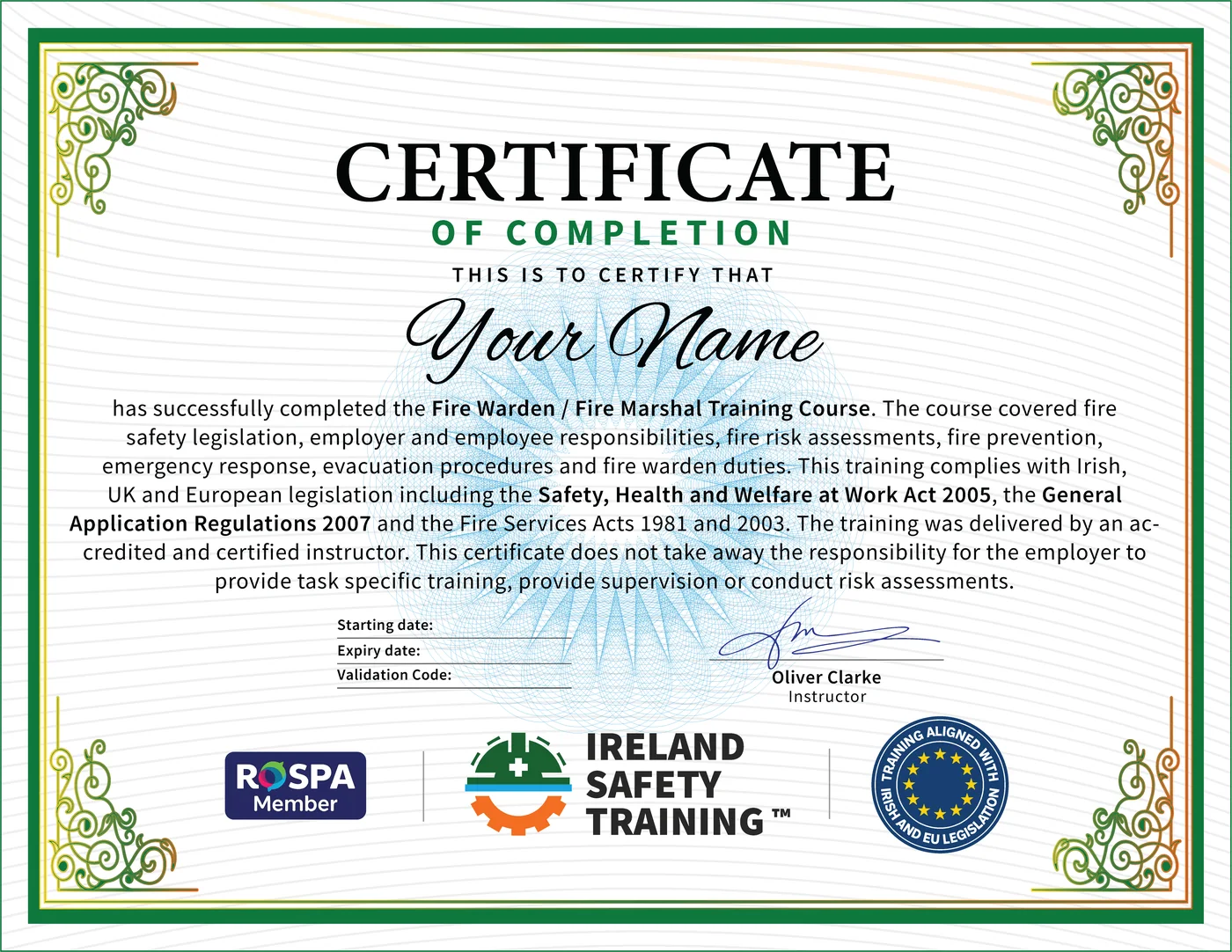 Fire Warden certificate from Ireland Safety Training: accredited Fire Warden Course online with instant download