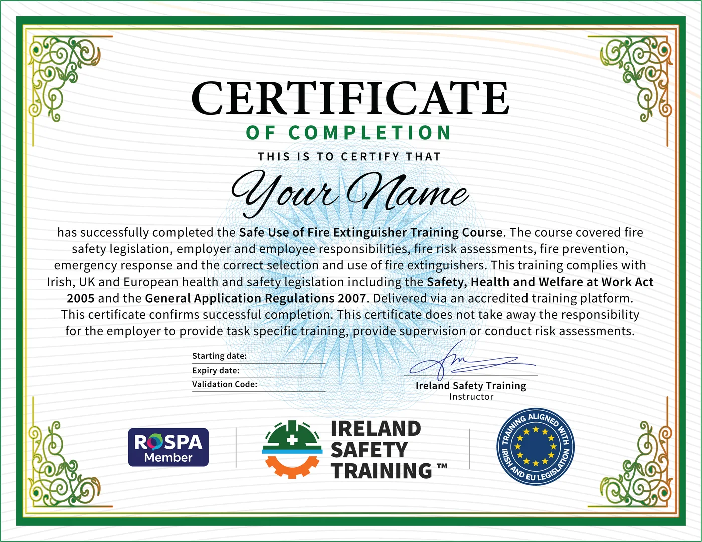 Fire Extinguisher certificate from Ireland Safety Training: accredited Fire Extinguisher Course online with instant download
