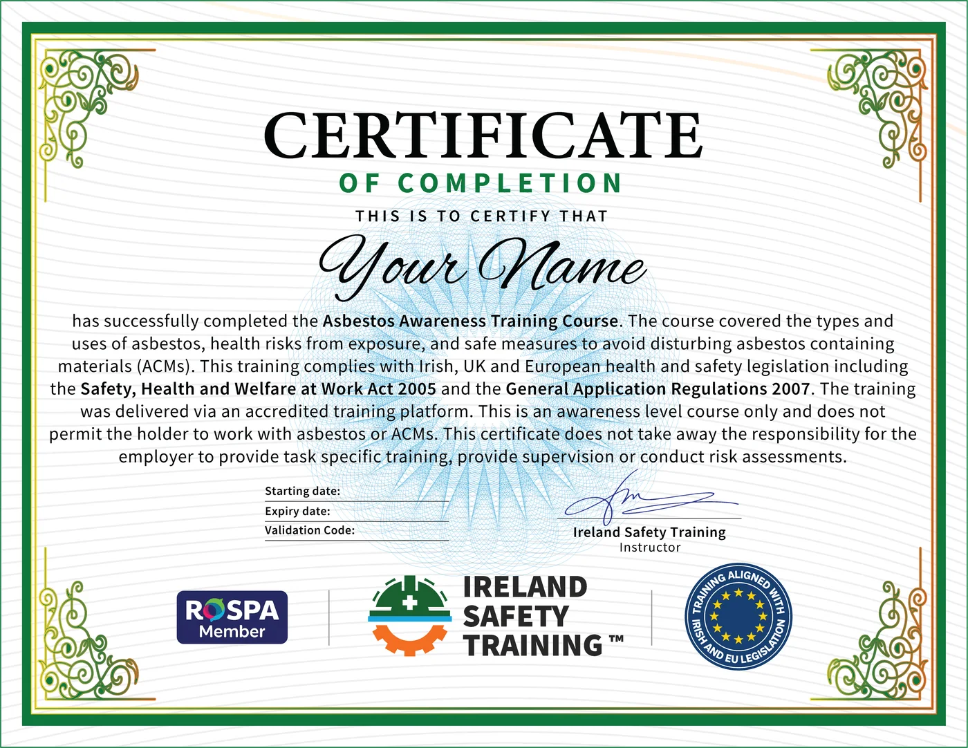 Asbestos Awareness certificate from Ireland Safety Training: accredited Asbestos Awareness Course online with instant download