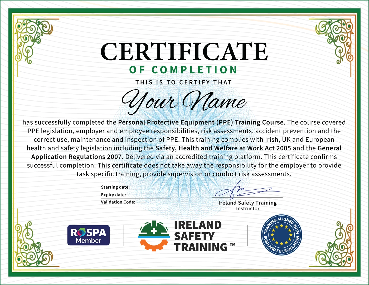 PPE certificate from Ireland Safety Training: accredited PPE Training Course online with instant download
